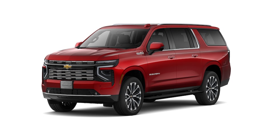 Nueva Chevrolet Suburban 2025 en color rojo radiante con faros y calaveras Full LED y renovado diseño de fascia delantera