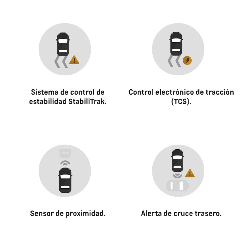 Íconos de sistema de control de estabilidad Stabilitrak, ícono TCS, sensor de proximidad, alerta de cruce trasero.
