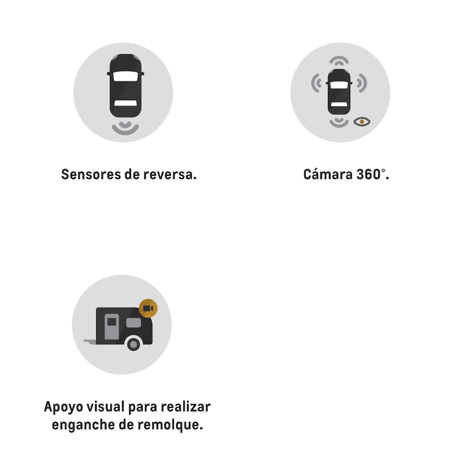 Íconos de seguridad; sistema de estacionado automático, sensores de reversa, cámara 360 y apoyo visual para enganche de remolque de Chevrolet SUVs.