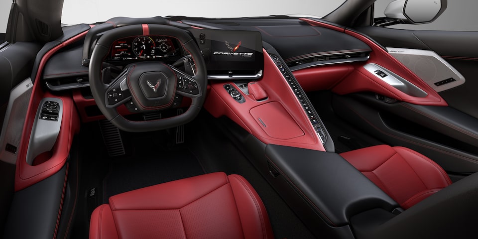Auto deportivo de lujo Chevrolet Corvette Stingray 2025, con terminado interior color Jet Black Adrenaline Red 