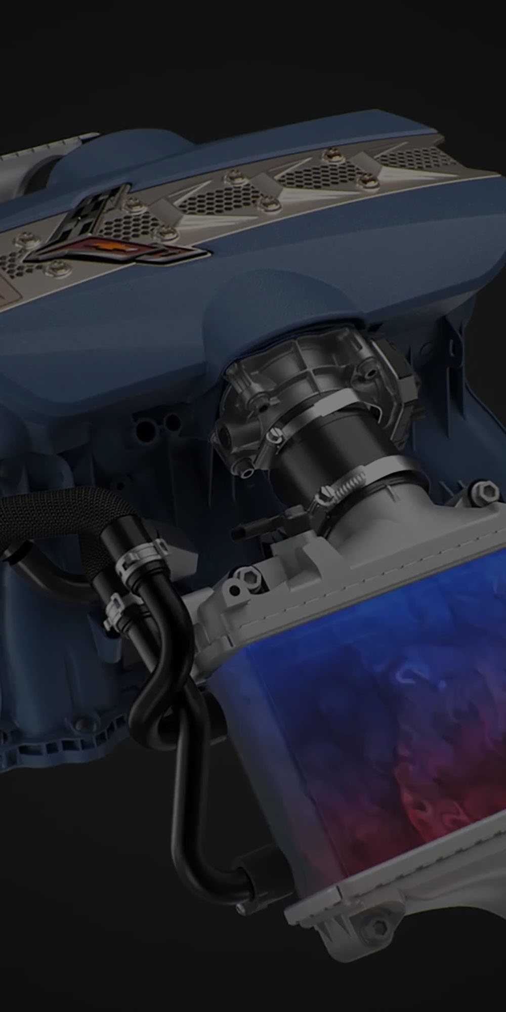 Sistema de admisión Edge Blue del motor LT7 en Chevrolet Corvette ZR1 2026, optimizado para alimentar el V8 biturbo de 5.5L.