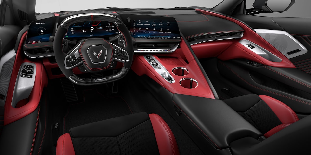 Interior del Corvette ZR1X en combinación Adrenaline Red y Jet Black