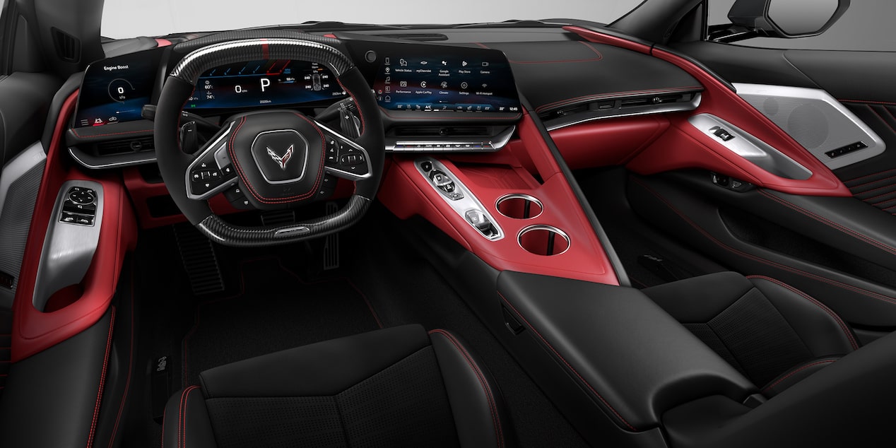 Interior del Corvette ZR1X en combinación Jet Black con Adrenaline Red