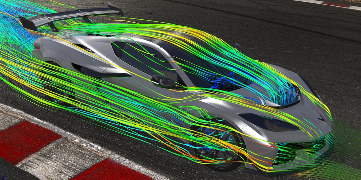 Corvette ZR1X con visualización de flujo de aire y aerodinámica avanzada