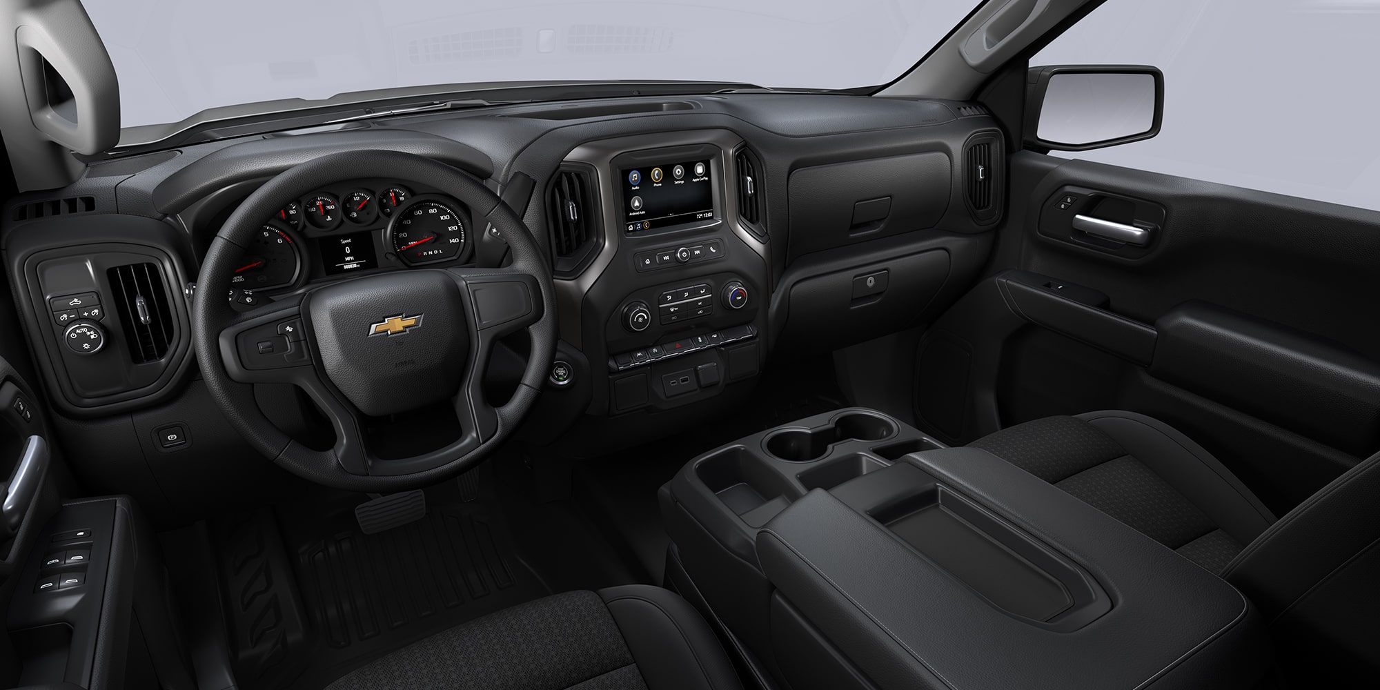 Acabado interior en tela color negro de tu Chevrolet Silverado Turbo 2025, camioneta de trabajo