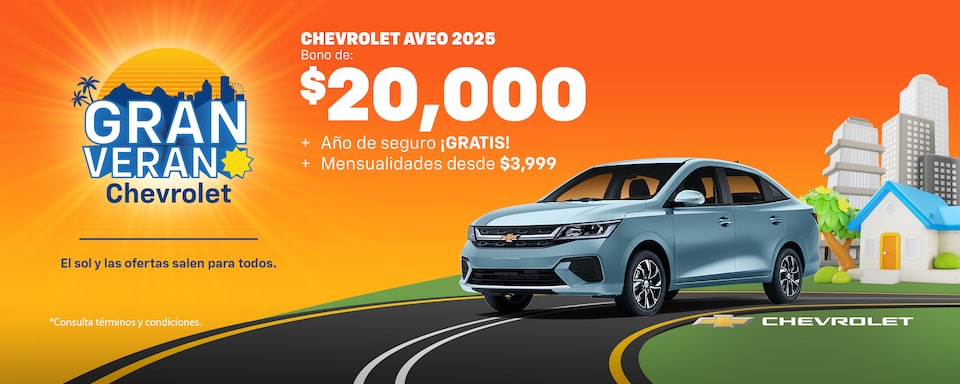 ¡El sol y las ofertas salen para todos! Este Gran Verano súbete a tu Chevrolet Aveo Sedán y aprovecha de nuestros bonos especiales, sin comisión por apertura y con hasta 1 año de seguro gratis.