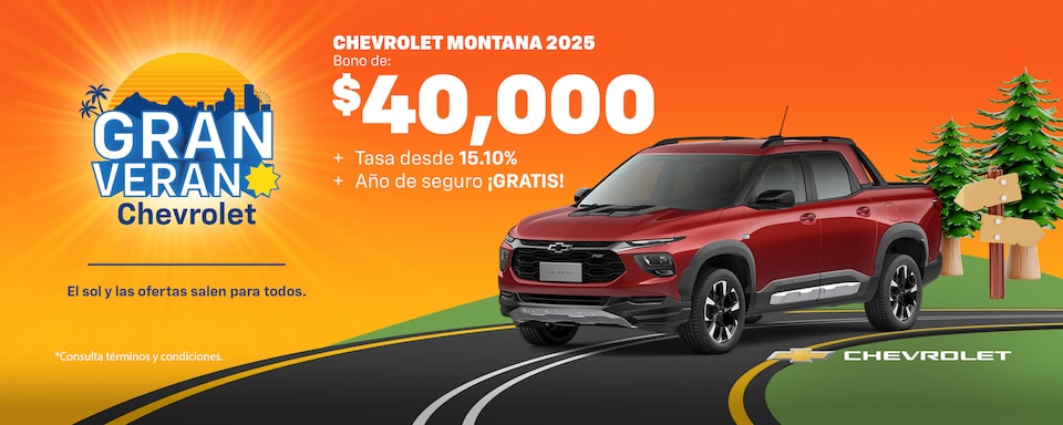 ¡El sol y las ofertas salen para todos! Este Gran Verano súbete a tu Chevrolet Montana y aprovecha de nuestros bonos especiales, sin comisión por apertura y con hasta 1 año de seguro gratis.
