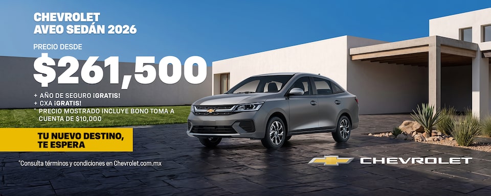 ¡Tu nuevo destino te espera con el Chevrolet Aveo Sedán 2026! Aprovecha bonos especiales, sin comisión por apertura y hasta un año de seguro gratis.