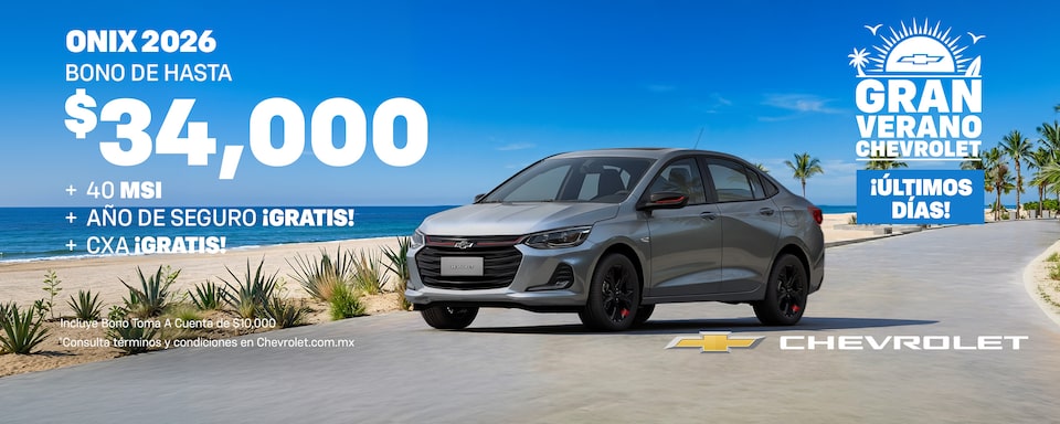 ¡El Gran Verano te está esperando con un Chevrolet Onix 2026! Aprovecha bonos especiales, sin comisión por apertura y hasta un año de seguro gratis.